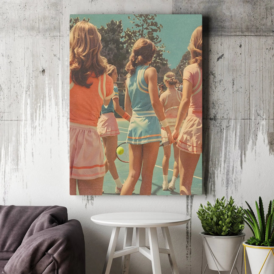 Vintage Tennis Girls Canvas Print | 1970s Retro Sport Wall Art | Premium Gallery Wrapped | Gift for Tennis Player and Coach