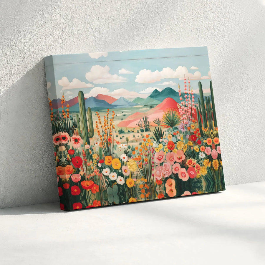 Desert Wildflower Canvas Wall Art | Colorful Botanical Saguaro Cactus Painting | Premium Thick Gallery Wrap | Boho Living Room Decor Gift
