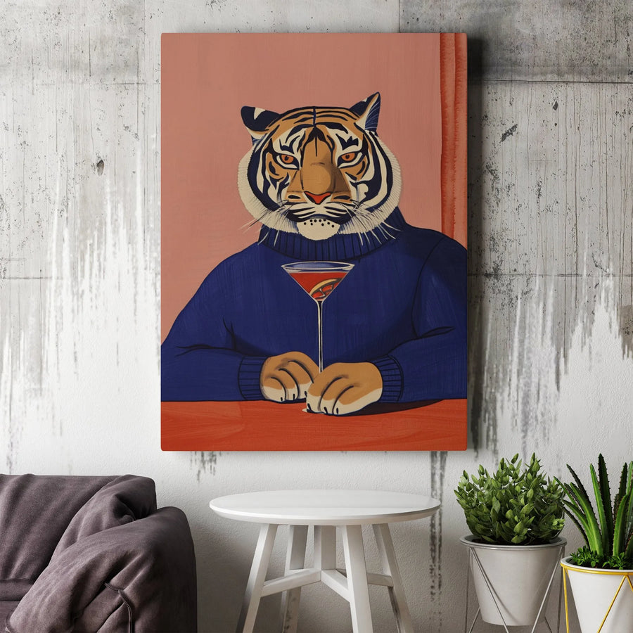 Tiger Canvas Wall Art | Anthropomorphic Martini Drinking Tiger | Premium Gallery-Wrapped Print | Whimsical Living Room Home Decor