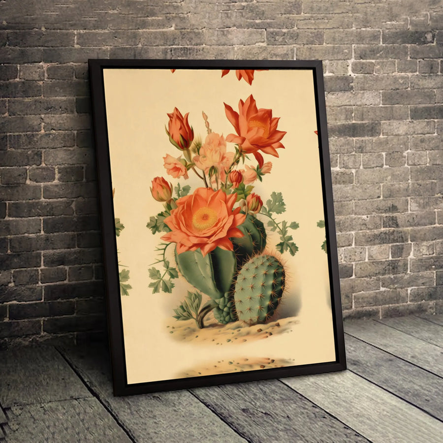 Blooming Cactus Botanical Wall Art | Vintage Desert Floral Illustration | Premium Gallery Wrapped Canvas | Minimalist Boho Home Decor Gift
