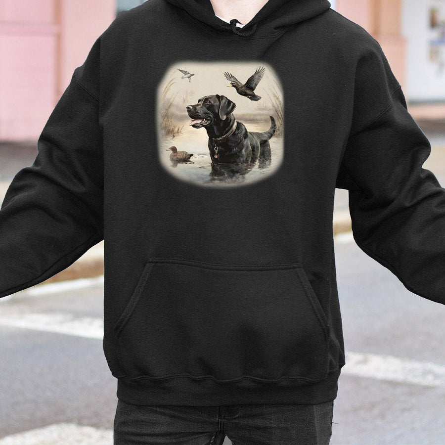 Black Labrador Hoodie | Duck Hunting Dog Graphic | Cotton-Poly Blend Premium Sweatshirt | Outdoorsman Gift For Dog Lovers