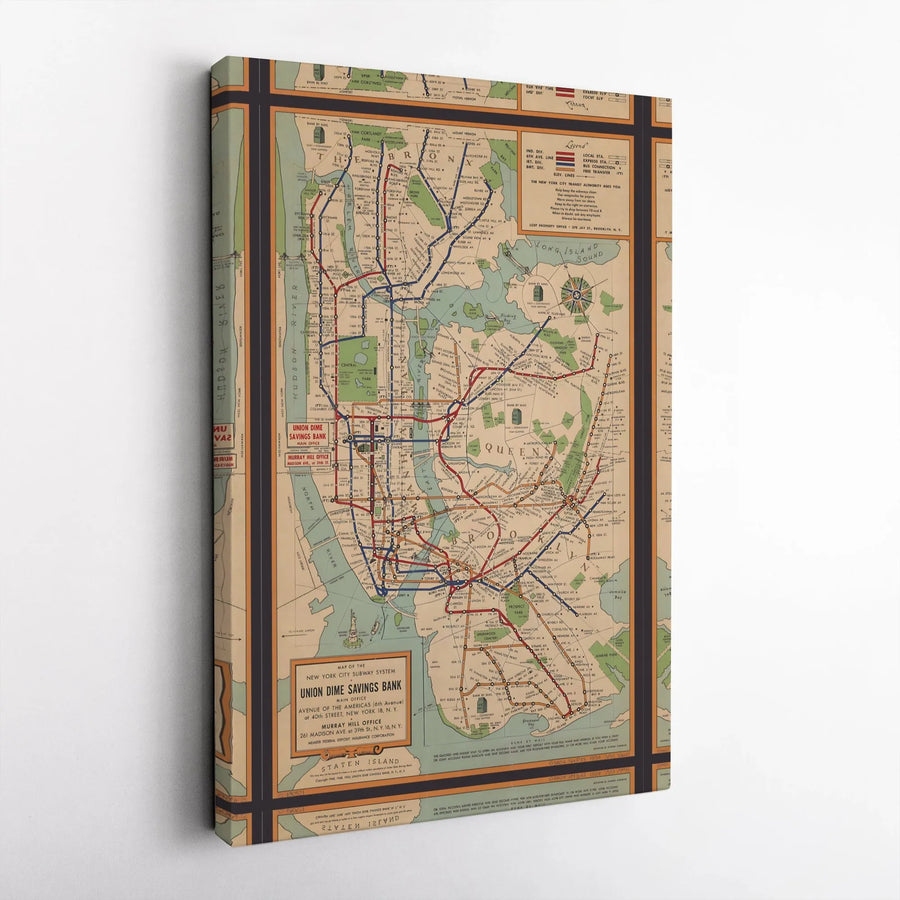 NYC Subway Map 1954 Canvas Print | Vintage New York City Transit Wall Art | Premium Gallery Wrapped Decor | Gift for NYC History Buffs