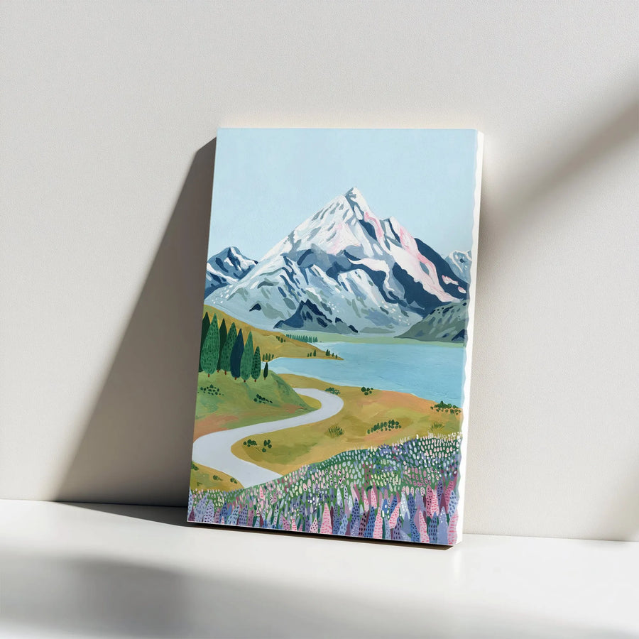 Mountain Landscape Canvas Wall Art | Painterly Alpine Lake & Wildflower Meadow | Premium Gallery-Wrapped Canvas | Living Room Decor Gift for Nature Lovers