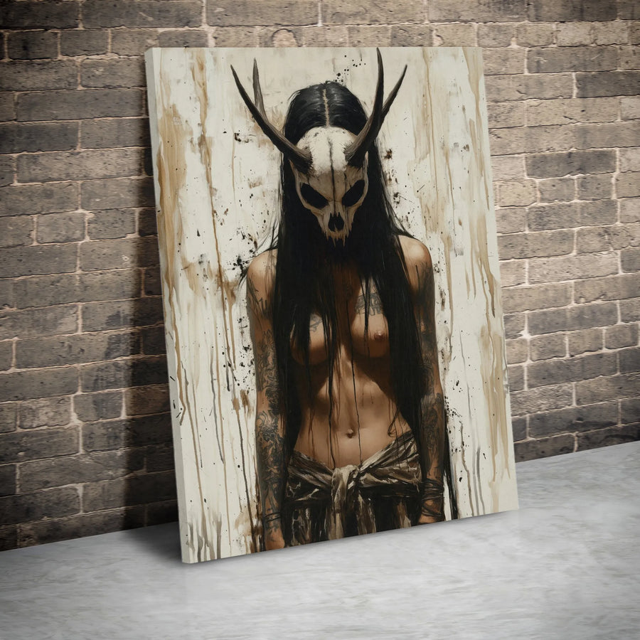 Dark Goddess Wall Art | Horned Skull Mask Gothic Portrait | Premium Gallery-Wrap Canvas | Occult Home Decor Gift for Her