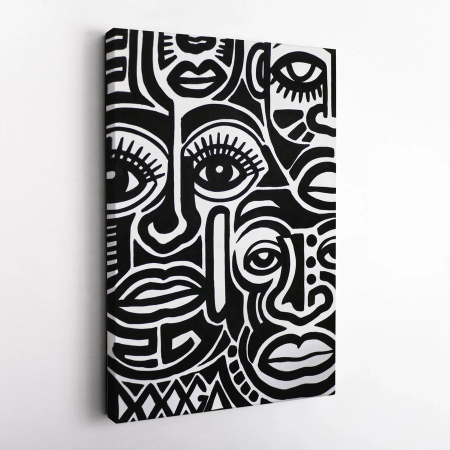 Abstract Faces Canvas Wall Art | Black and White Cubist Geometric Print | Premium Gallery Wrapped 1.25 Inch Profile | Modern Home Decor Gift