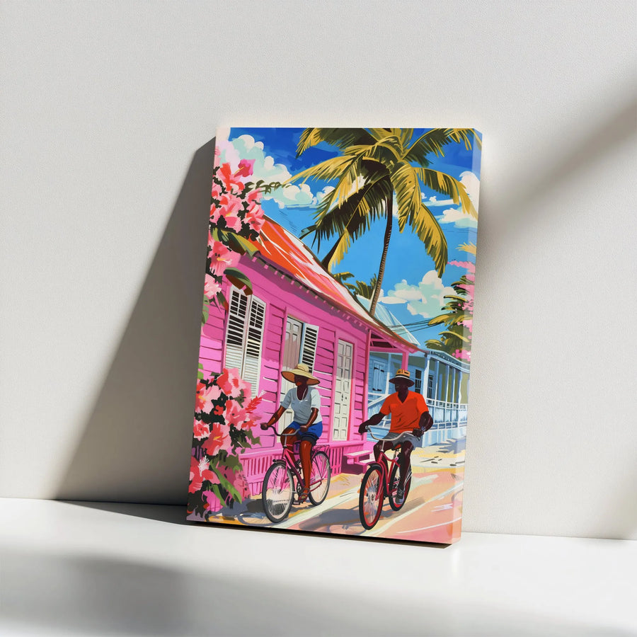Caribbean Wall Art Vertical Canvas | Vibrant Pink House & Island Cyclists | Premium Gallery Wrapped Canvas | Tropical Living Room Decor Gift