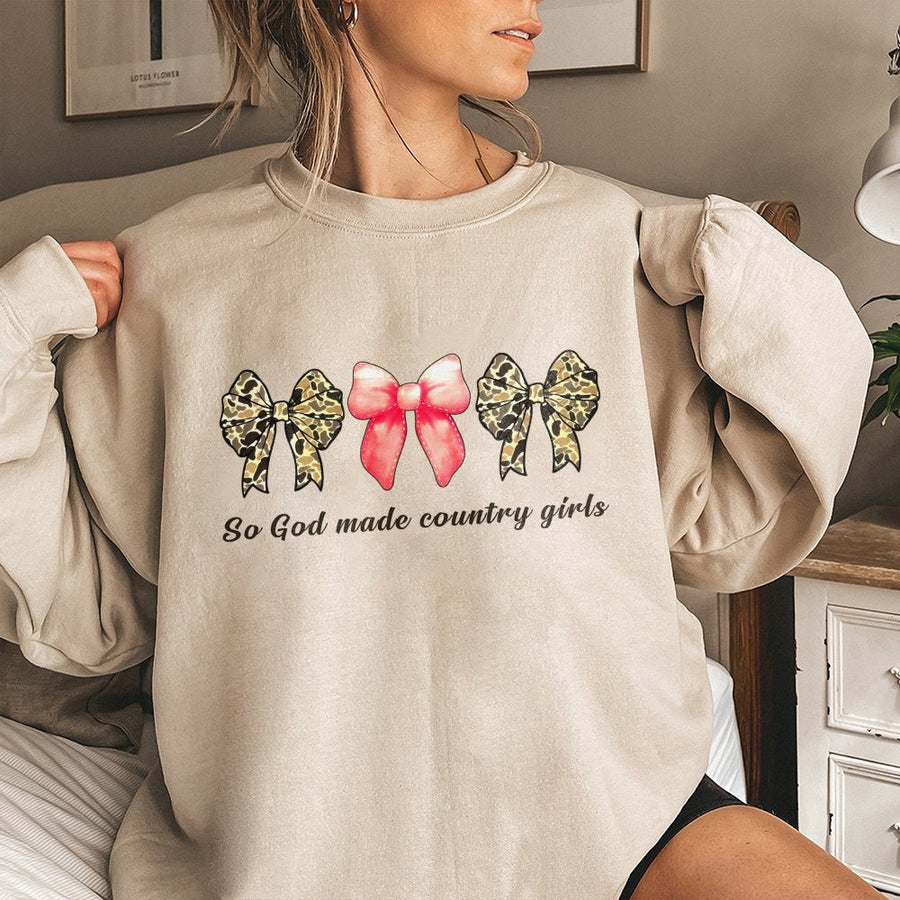 So God Made Country Girls Sweatshirt | Camo Coquette Bow Graphic | Premium Cotton Blend | Gift for Country Music Fans