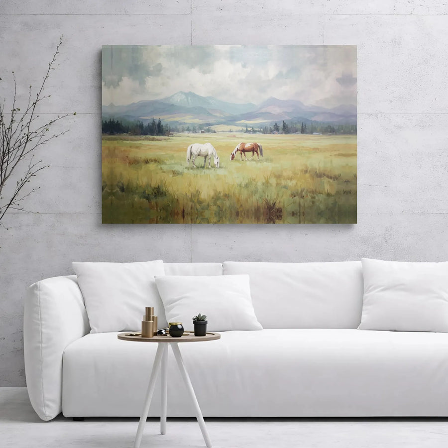 Horse Meadow Landscape Canvas | Mountain Field Wall Art Print | Premium Gallery Wrap Decor | Farmhouse Aesthetic Gift for Nature Lovers