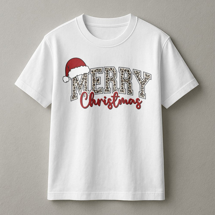 Merry Christmas Leopard Print T-Shirt | Santa Hat Graphic Holiday Design | 100% Soft Cotton Tee | Festive Gift for Women and Families