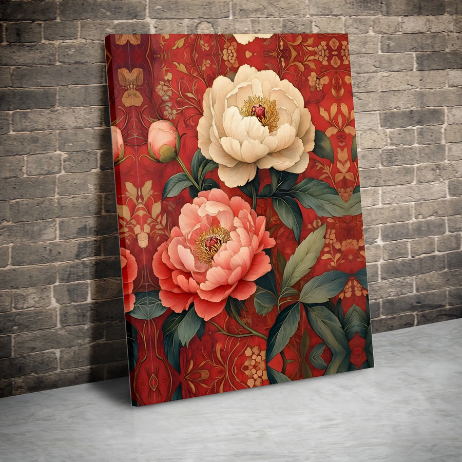 Floral Peony Wall Art | Red Damask Botanical Canvas | Gallery-Quality Fade-Resistant Print | Elegant Home Office Decor Gift