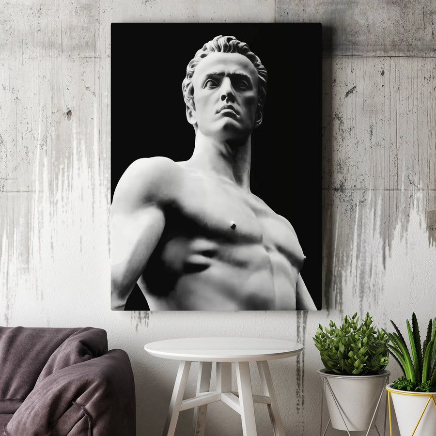 Greek God Canvas Wall Art | Black and White Classical Sculpture | Premium Frameless Print | Masculine Home Decor Gift for Him
