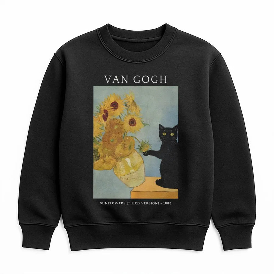 Van Gogh Cat Sweatshirt | Sunflower Art Funny Black Cat Graphic | Premium Cotton Blend | Artistic Gift for Cat Lovers & Art Teachers