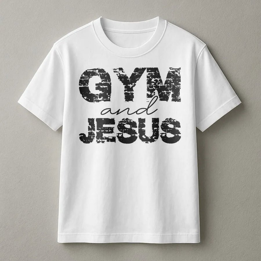 Gym and Jesus Graphic T-Shirt | Distressed Typography Print | 100% Cotton Premium Tee | Faith and Fitness Gift for Men and Women