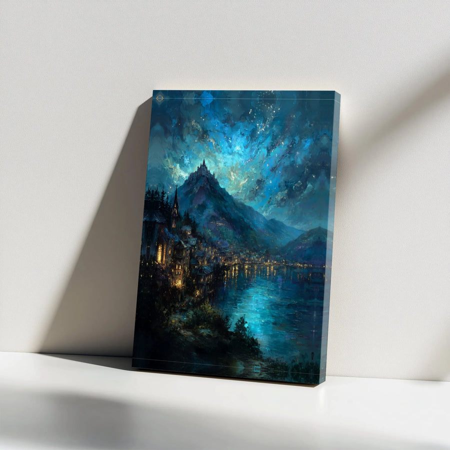 Fantasy Mountain Castle Wall Art | Enchanted Lakeside Town at Night | Premium Gallery Wrapped Canvas | Whimsical Home Decor Gift