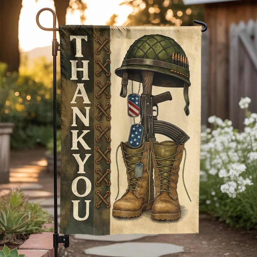 Thank You Military Garden Flag | Patriotic Soldier Memorial Tribute | Premium Weather-Resistant Fabric | Gift for Veterans and Military Families
