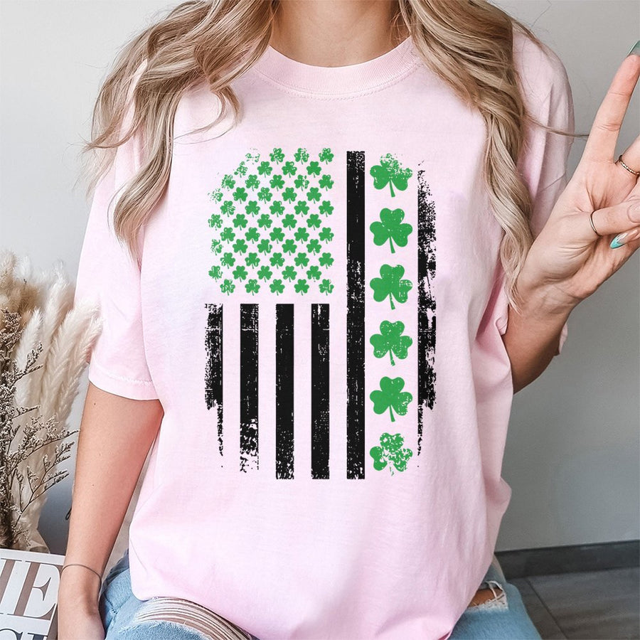 Shamrock American Flag T-Shirt | Distressed Irish Clover Graphic | 100% Cotton Premium Tee | St. Patrick's Day Gift for Men and Women