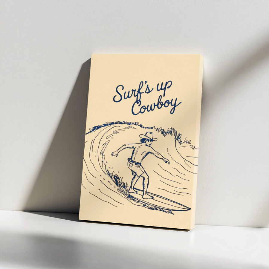 Surf's Up Cowboy Canvas Print | Minimalist Line Art Illustration | Premium Thick Gallery Wrap | Coastal Wall Art Gift for Surfer