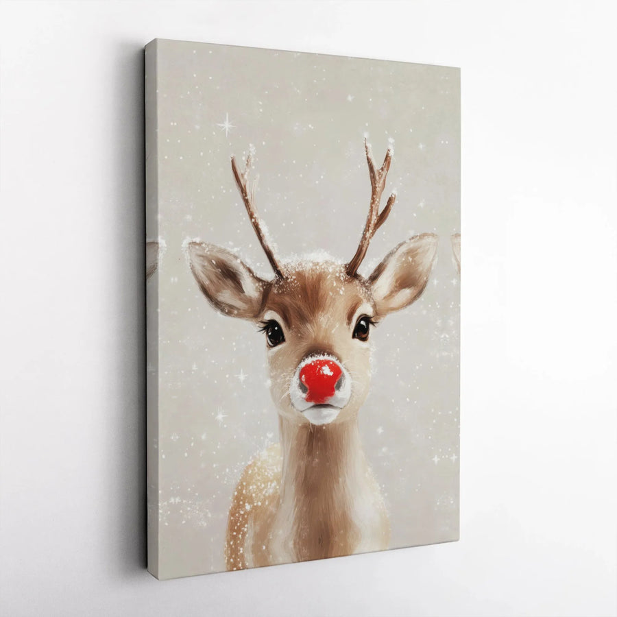 Red Nosed Reindeer Canvas Wall Art | Cute Christmas Animal Portrait | Premium Fade-Resistant Print | Holiday Home Decor Gift
