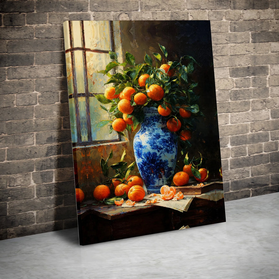 Still Life Oranges Canvas Print | Blue and White Vase Oil Painting Style | Gallery Quality Wall Art | Kitchen Decor or Dining Room Gift