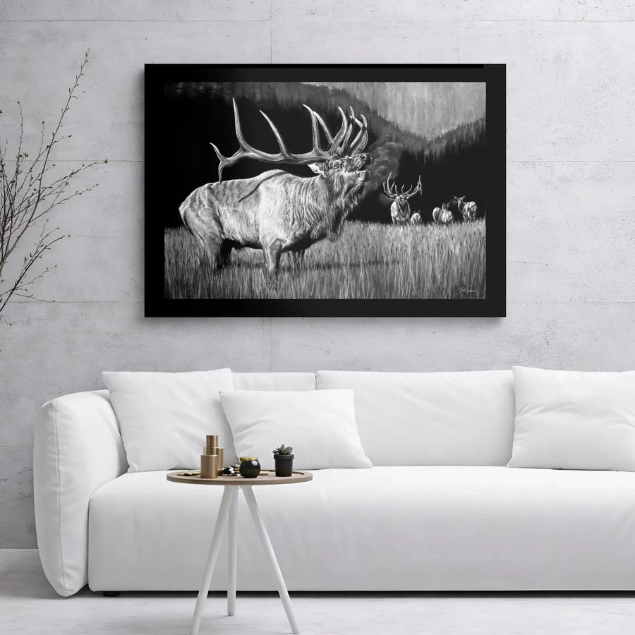Bugling Bull Elk Canvas Wall Art | Monochrome Charcoal Wildlife Sketch | Premium Gallery Wrap Print | Rustic Cabin Decor Gift