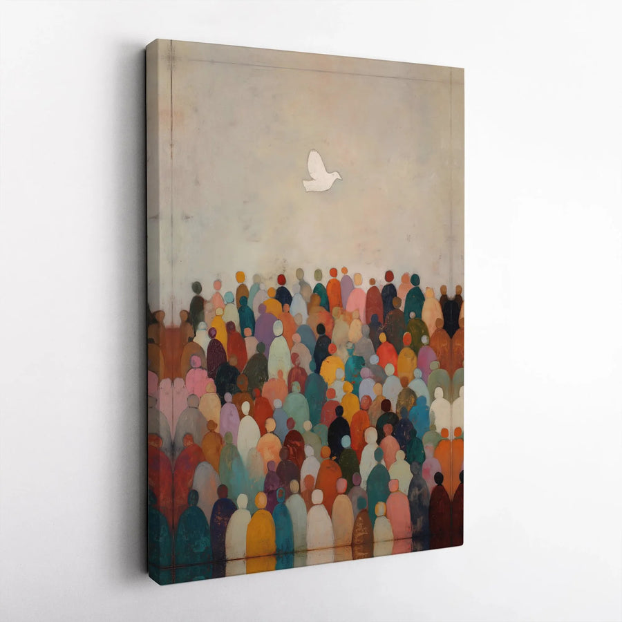 Abstract Crowd Wall Art | Colorful People and White Dove Print | Gallery Quality Canvas | Inspirational Home Decor Gift