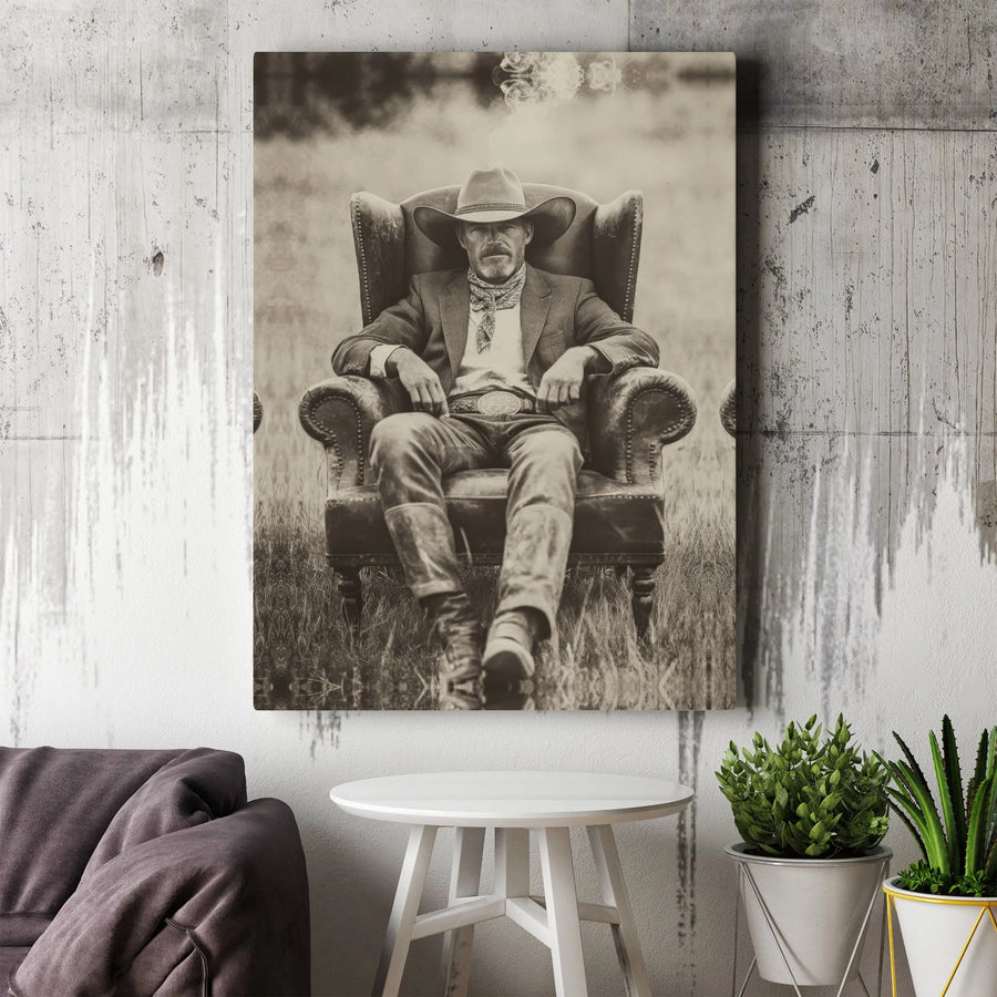 Cowboy Wall Art Canvas | Vintage Smoking Western Portrait | Gallery Quality 1.25 Inch Wrap | Rustic Home Decor & Office Gift