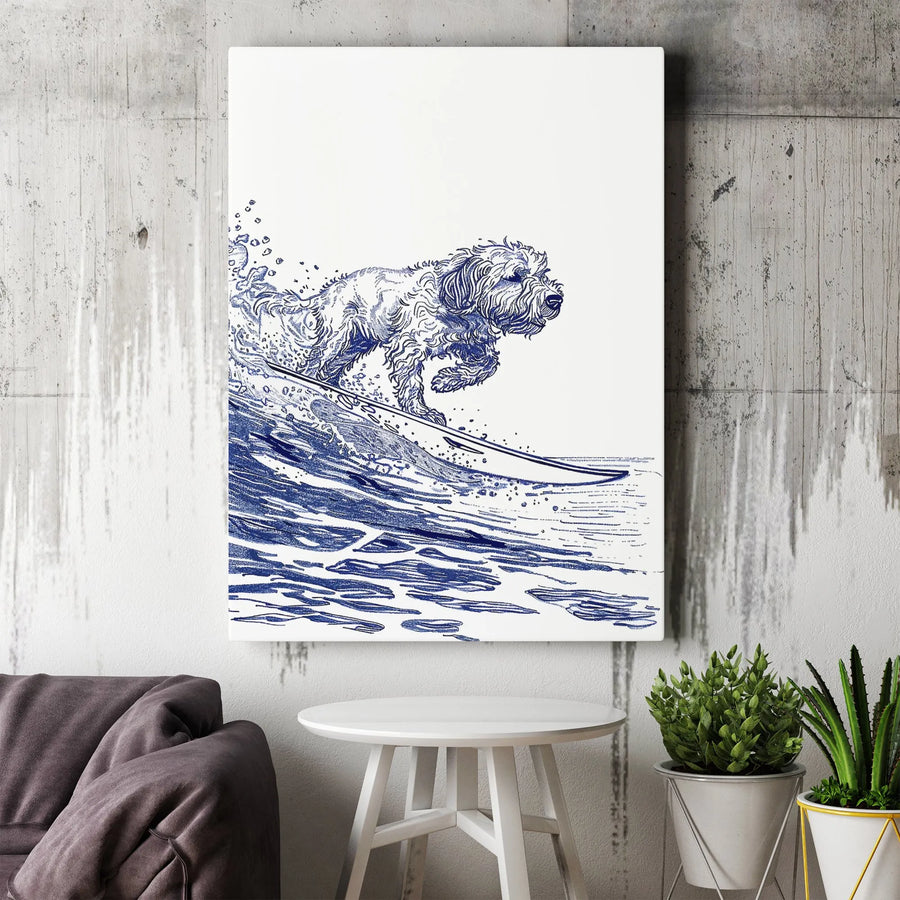 Surfing Dog Canvas Wall Art | Minimalist Doodle Sketch Print | Premium Gallery Wrapped Canvas | Gift for Dog Owner, Coastal Home Decor