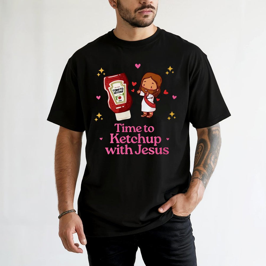 Time to Ketchup With Jesus T-Shirt | Funny Religious Pun Graphic | Premium 100% Cotton Tee | Cute Christian Gift for Men and Women