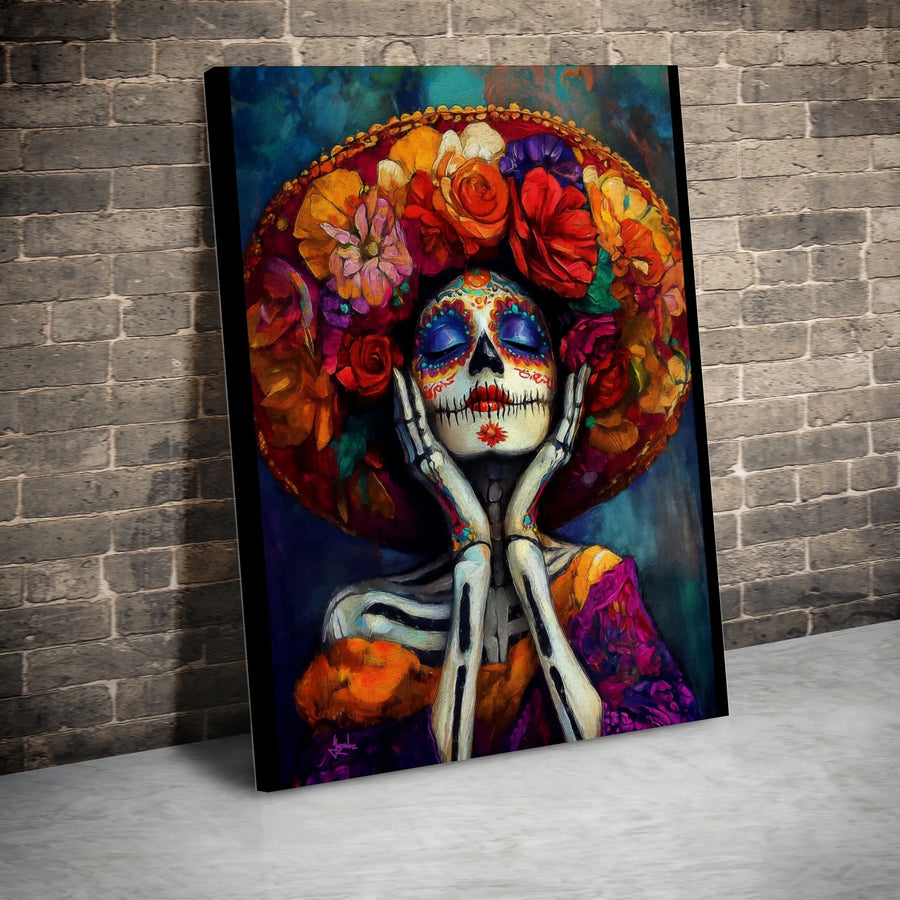 Day Of The Dead Canvas Art | Floral Sugar Skull Woman In Sombrero | Premium 1.25” Gallery Wrap | Mexican Heritage Home Decor Gift