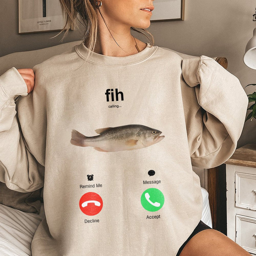Fih Calling Fish Phone Screen Sweatshirt | Funny Fishing Meme Graphic | Premium Cotton Blend | Gift For Fishermen And Anglers