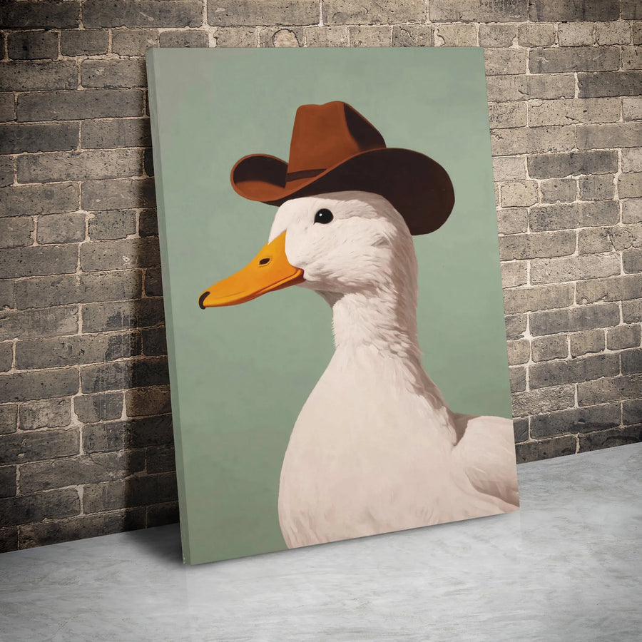Cowboy Duck Wall Art | Whimsical Animal Portrait Canvas | Premium Gallery Wrap Decor | Farmhouse Nursery & Office Gift