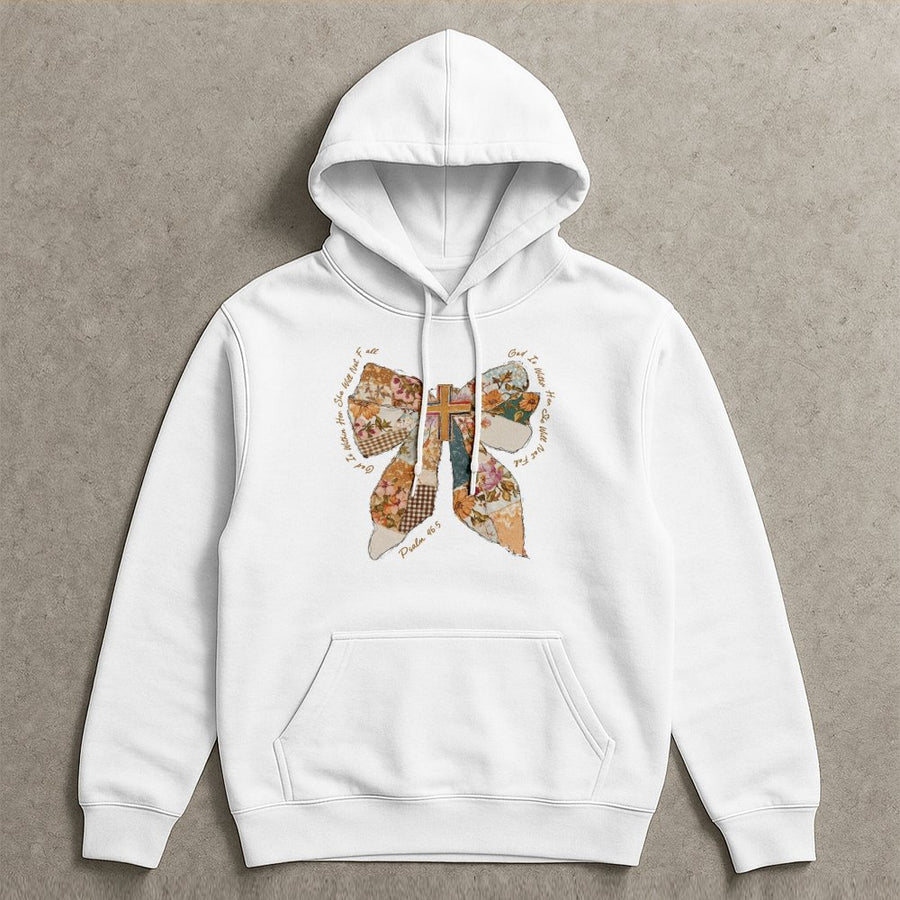 God Is Within Her Hoodie | Patchwork Floral Bow & Cross Design | Premium Cotton Blend | Christian Bible Verse Gift for Women