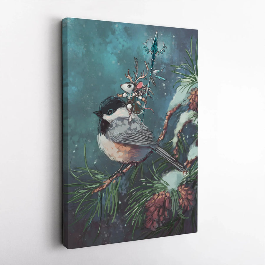 Fantasy Chickadee Canvas Print | Whimsical Mouse Warrior on Bird Illustration | Premium Gallery Wrapped Canvas | Nursery Wall Decor & Fantasy Art Gift