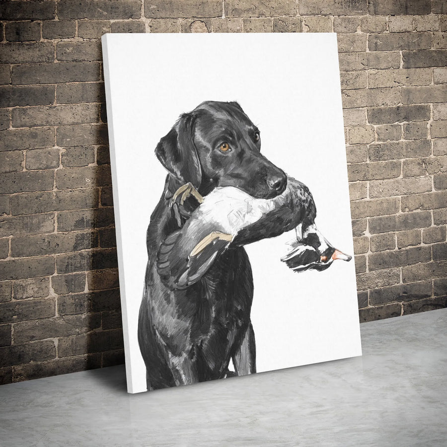 Black Labrador Retriever Canvas Art | Hunting Dog With Duck Sketch | 1.25 Inch Gallery Wrap | Premium Wildlife Wall Decor For Hunters