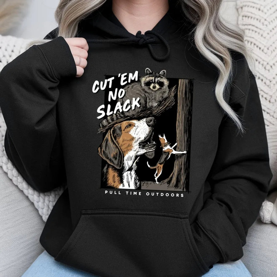 Coon Hunting Hoodie | Cut 'Em No Slack Raccoon Dog Graphic | Premium Cotton Blend | Gift For Outdoor Sportsman And Hound Hunters