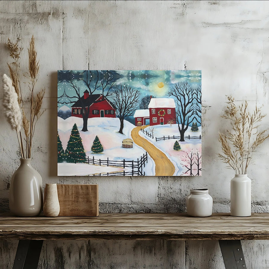 Christmas Farmhouse Wall Art | Snowy Red Barn Winter Landscape | Premium Gallery Wrapped Canvas | Holiday Decor Gift for Farmhouse Lovers