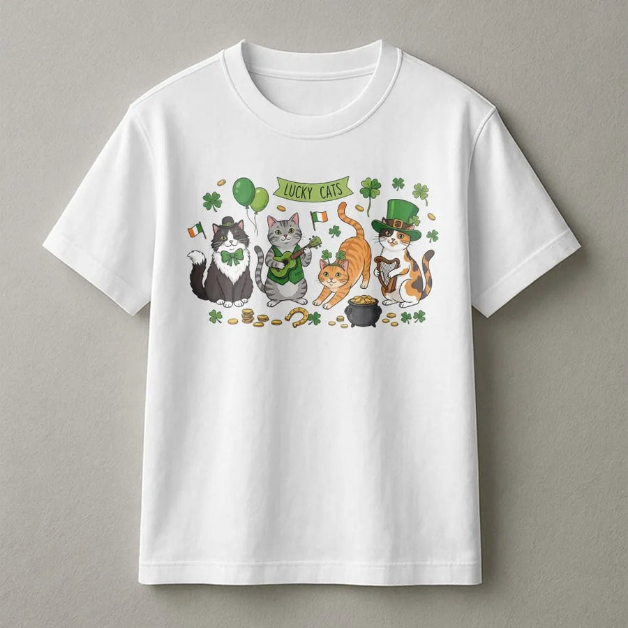 Lucky Cats St Patricks Day T-Shirt | Funny Irish Kitten Graphic Design | Premium 100% Cotton Apparel | Cute Cat Mom Gift for Holiday Season