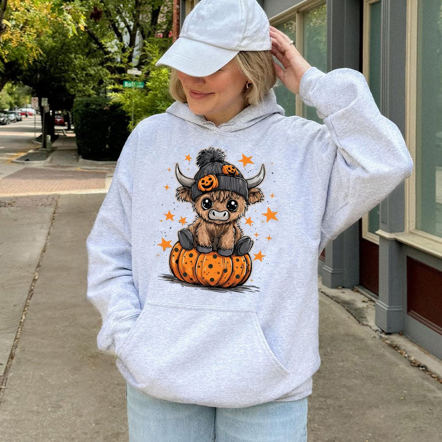 Halloween Highland Cow Hoodie | Cute Pumpkin Beanie Graphic | Premium Cotton Blend | Funny Fall Gift for Cow Lovers