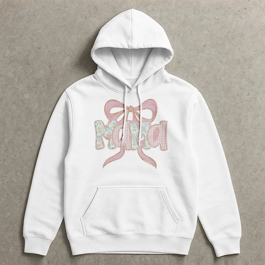 Mama Hoodie with Pink Bow | Floral Gingham Typography Design | Premium Soft Cotton Blend | Trendy Pregnancy Reveal Gift for Mom
