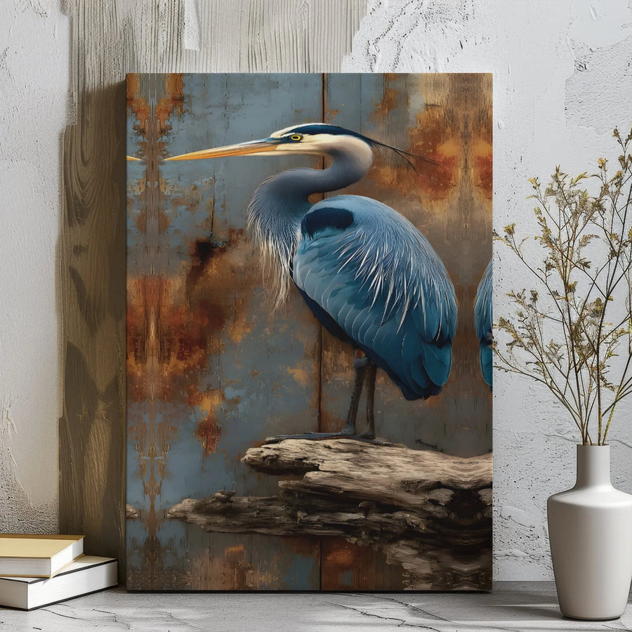 Great Blue Heron Wall Art | Rustic Industrial Bird Decor | Premium Gallery Wrapped Canvas | Coastal Farmhouse Living Room Gift