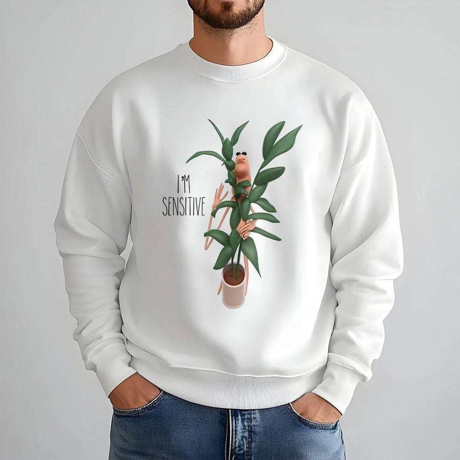 I'm Sensitive Sweatshirt | Funny Plant Worm Graphic | Premium Cotton Blend Cozy Pullover | Unique Gift for Introverts and Plant Lovers