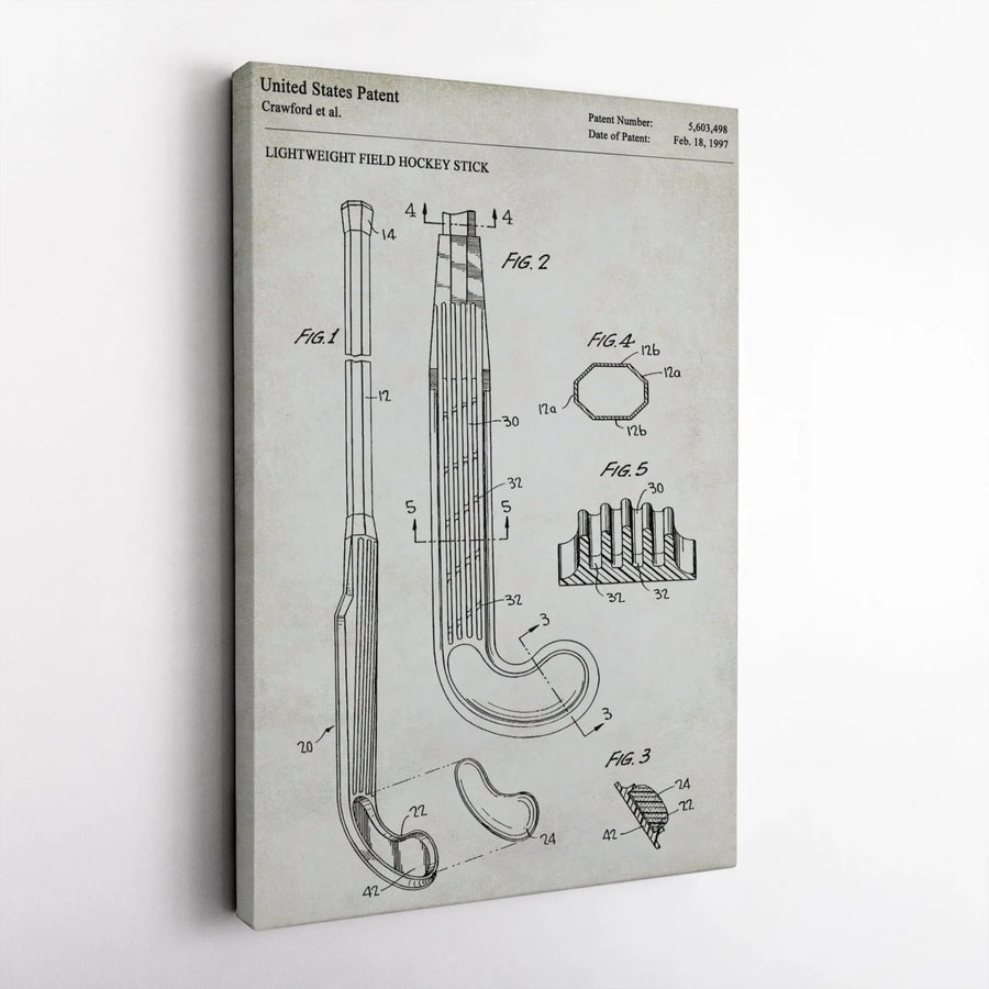 Field Hockey Stick Patent Print | Vintage Technical Drawing Wall Art | Premium Gallery-Wrap Canvas | Unique Gift for Field Hockey Coach and Players