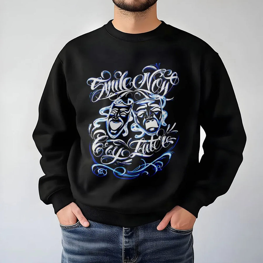 Smile Now Cry Later Sweatshirt | Gothic Comedy Tragedy Mask Graphic | Premium Cotton Blend | Streetwear Urban Gift for Him