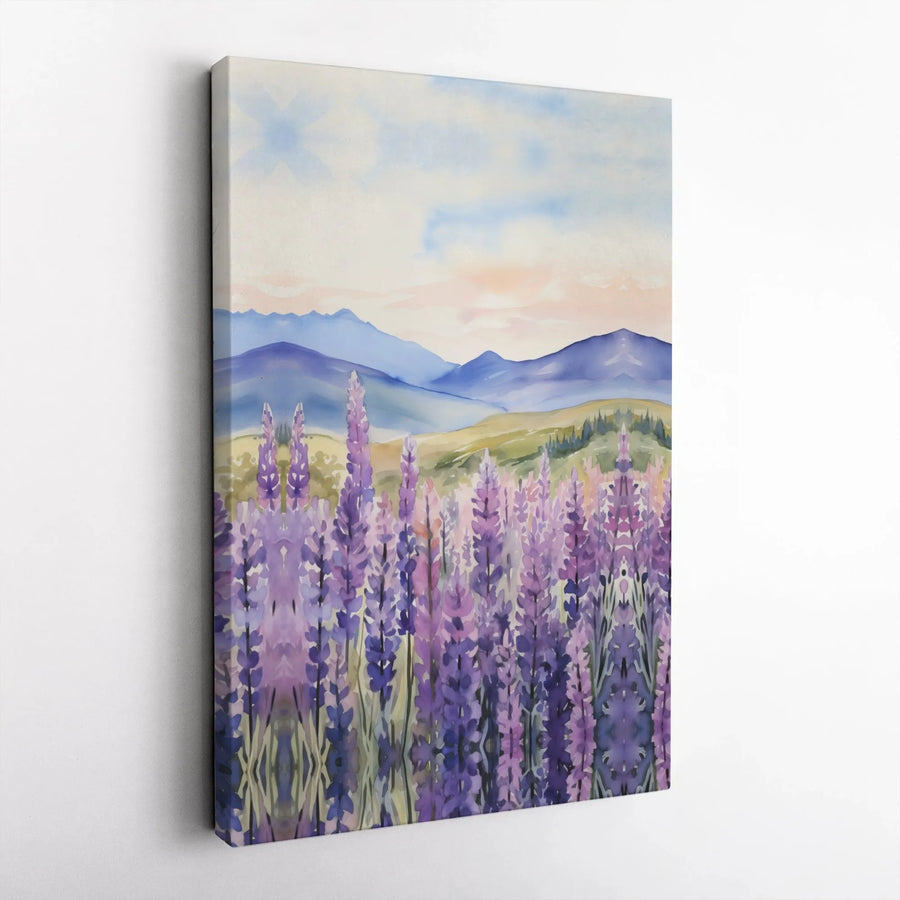 Watercolor Lavender Field Canvas | Vibrant Floral Mountain Landscape Print | Premium Gallery Wrapped Canvas | Modern Farmhouse Decor Gift