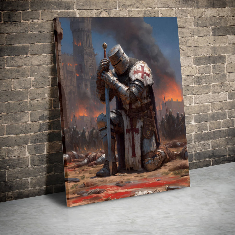 Knights Templar Wall Art | Kneeling Crusader Medieval Battle Scene | Premium Gallery Wrapped Canvas | Historical Art Gift for Men
