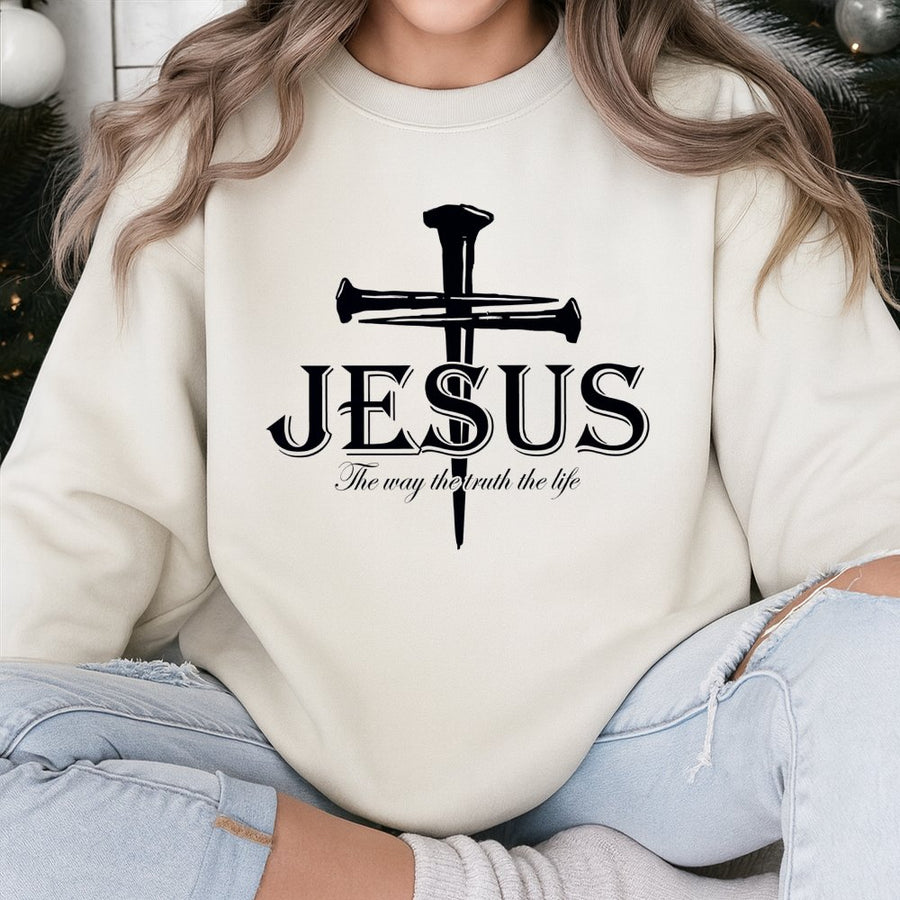 Jesus The Way The Truth The Life Sweatshirt | Faith Cross Graphic Design | Premium Cotton Blend | Christian Religious Gift For Women And Men