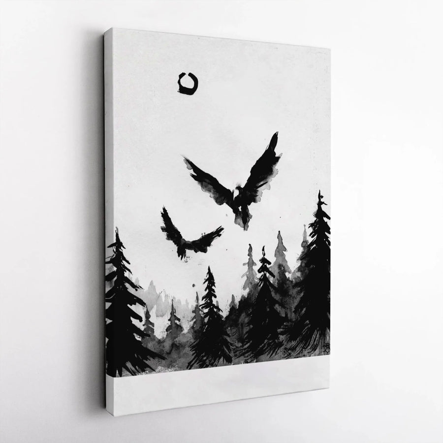 Eagle Wall Art Canvas | Ink Wash Flying Birds Pine Forest Print | 1.25-Inch Premium Gallery Profile | Modern Nature Home Decor Gift