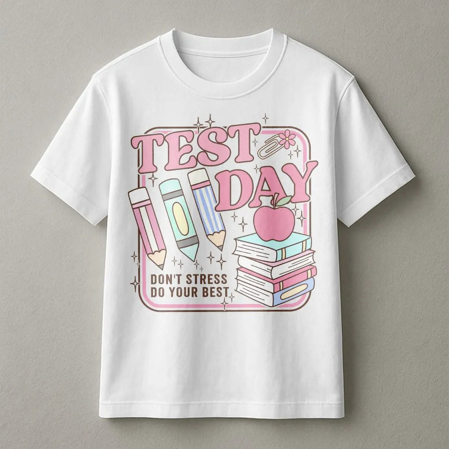 Test Day Teacher Shirt | Retro Groovy 'Don't Stress Do Your Best' Graphic Tee | Soft Cotton T-Shirt | Gift for Testing Coordinator or Educator