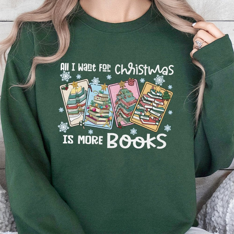 All I Want For Christmas Is More Books Sweatshirt | Book Tree Illustration | Soft Cotton-Poly Blend | Book Lover Gift for Readers and Librarians