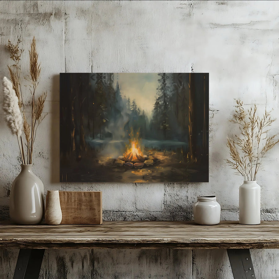 Forest Campfire Canvas Wall Art | Impressionist Night Wilderness Print | Premium Gallery Wrap Decor | Moody Cabin Aesthetic Gift